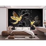 Exklusiv fototapet med guldsmyckna kolibrier på svart bakgrund dekorerad med blommor