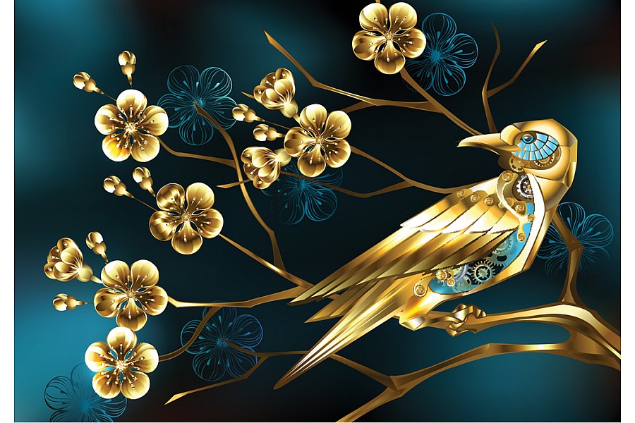 Exclusive Luxury Wall Mural with Golden Steampunk Bird with Gold Gears on Branch, Jewelry Cherry Blossom, on Turquoise Background