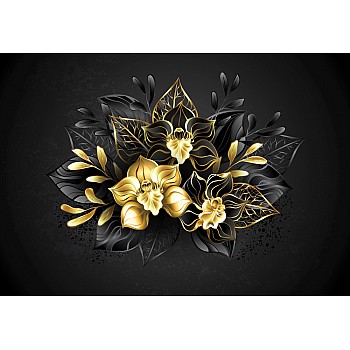 Exklusiv fototapet med sammansättning av två svarta och ett guldsmyckna orkidéer med prydnadsväxter