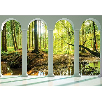 3D Fönster Terrass Pelare Grön Skog