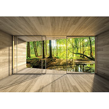 3D Terrassfönster Med Utsikt Över Skogen