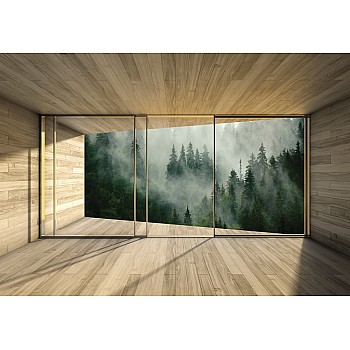 3D Terrassfönster Skog I Dimma