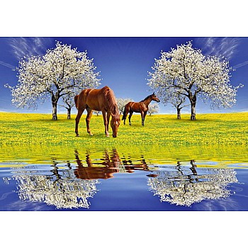 Fototapet hästar och blommande körsbärsträd 