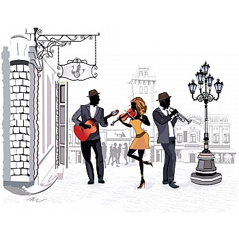 Väggmålning med gatumönster i skissstil med musiker