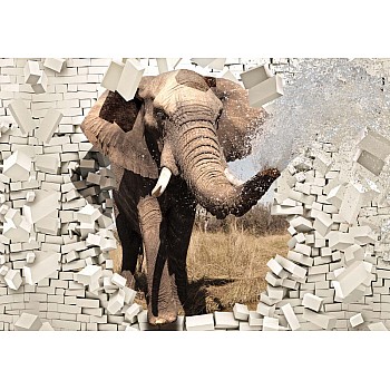 Elefant som brister genom tegelväggsfototapet 