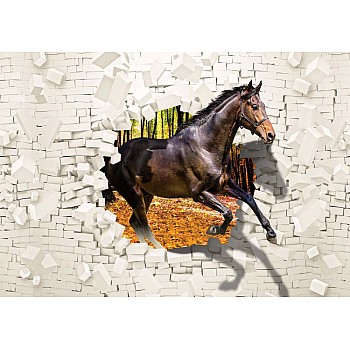 Fototapet "Häst Hoppa Genom Tegelvägg 3D Illusion"  