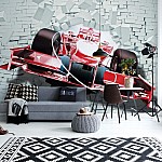 Formel 1 Racingbil Som Bryter Genom Tegelvägg 3D Formel 1 Racingbil Som Bryter Genom Tegelvägg 3D
