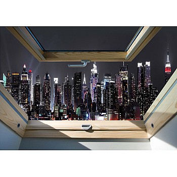 New York City Skyline At Night 3D Skylight Window View Photo Wallpaper Mural 