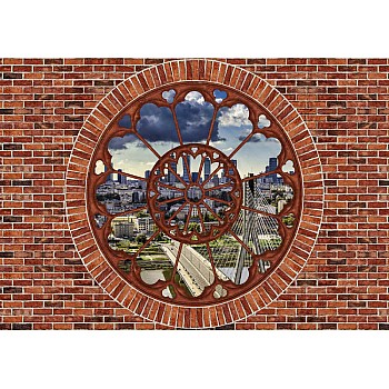 Warsaw City Skyline Ornamental Window View Brick Wall Photo Wallpaper Mural 