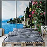 Sjö blommor landskap fönster fototapet