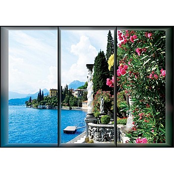 Sjö blommor landskap fönster fototapet  