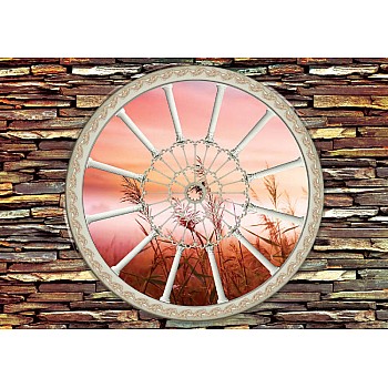 Fält soluppgång landskap ornamental fönster fototapet 