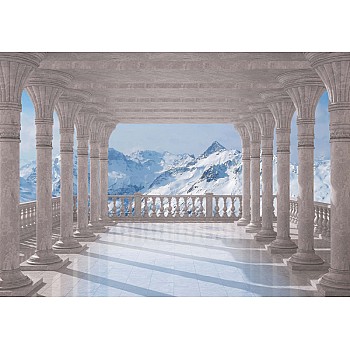 Snowy Mountains 3D View Through Columns