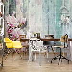 Blommor vintage script rustiklackade tre planks fototapet Blommor vintage script rustiklackade tre planks fototapet