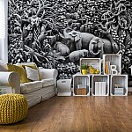 Fototapet "3D Snidade Trä Elefants Svartvitt" Fototapet 3D Snidade Trä Elefants Svartvitt