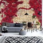 Röda blommor gammal stenvägg fototapet Röda blommor gammal stenvägg fototapet