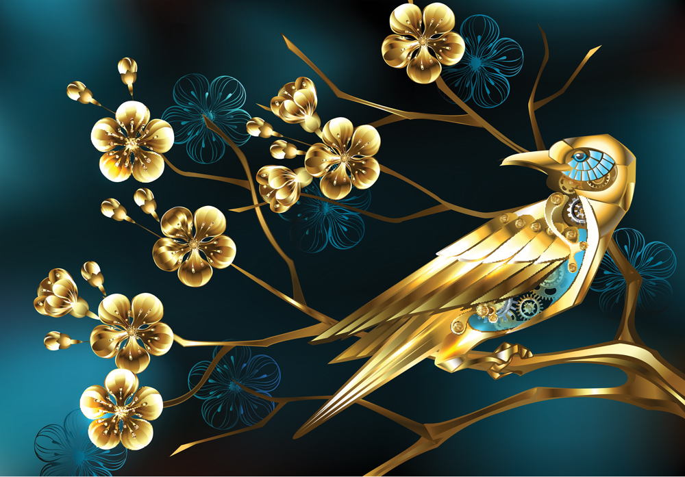 Exklusiv fototapet med gyllene steampunkfågel med guldkugghjul på gren, smycken körsbärsblom, på turkos bakgrund