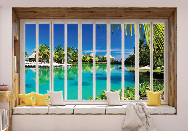 3d fönster utsikt tropisk lagun fototapet