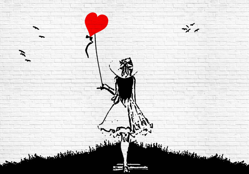 Svartvitt tegelsten graffiti tjej och hjärta ballong fototapet